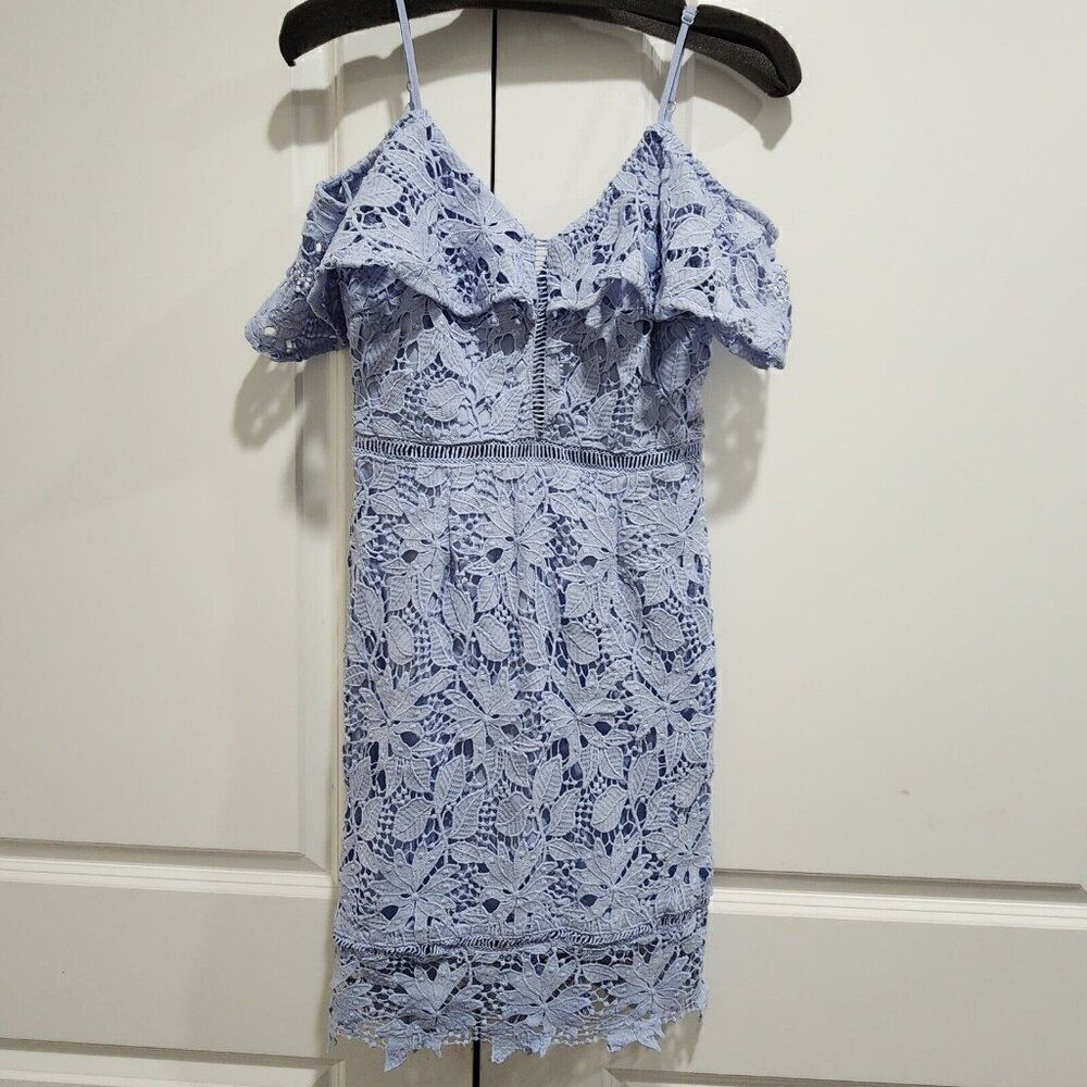 INA Women's - S - Blue Lace Overlay Off Shoulder Knee Length Fitted Dress